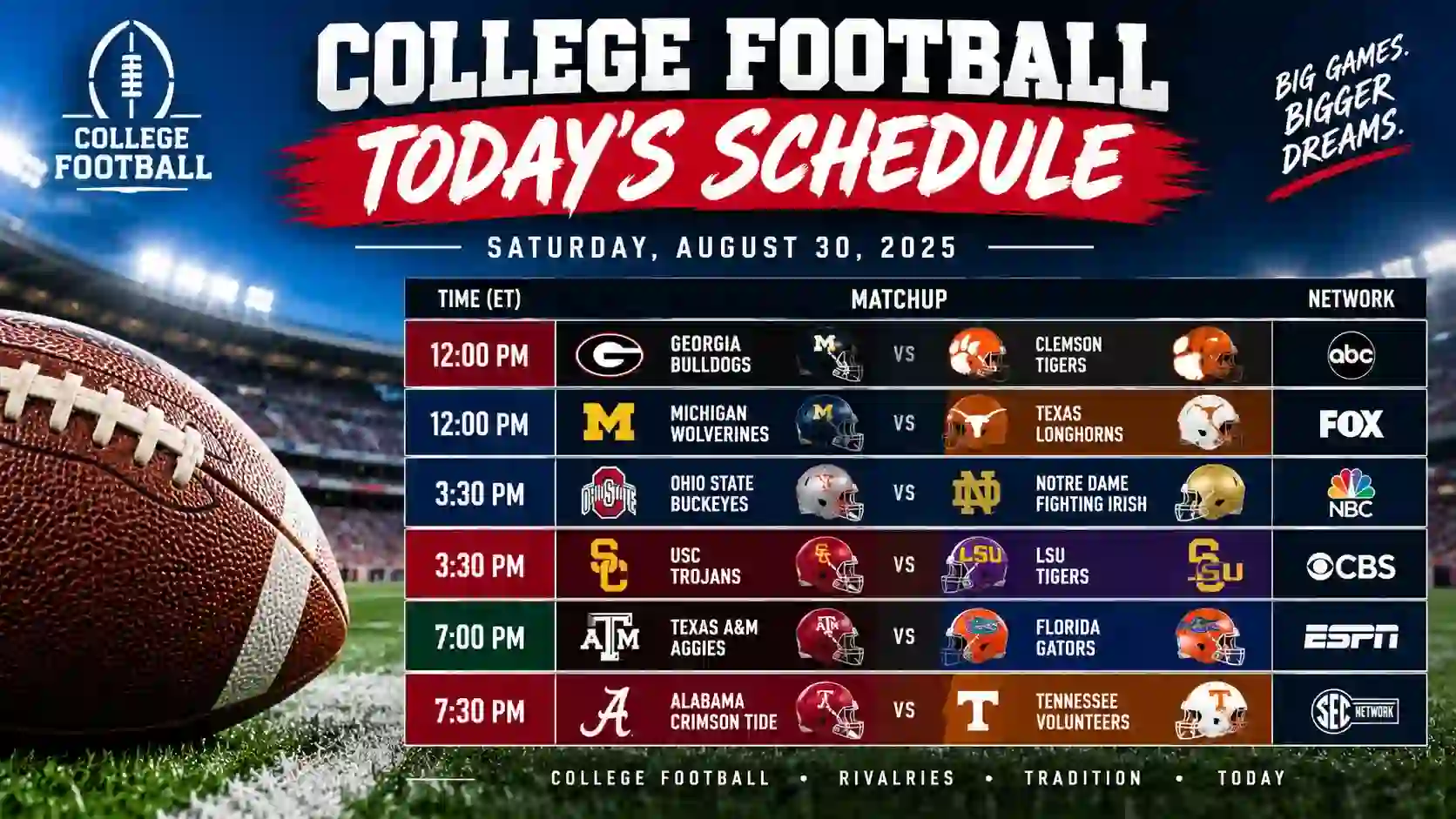 College football today schedule with game matchups and kickoff times