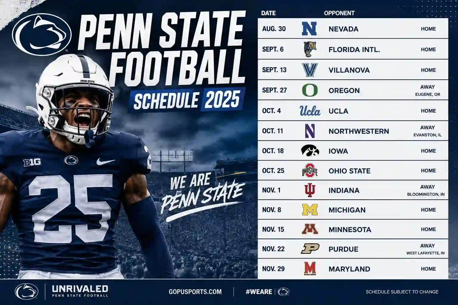 Penn State football schedule 2025 with opponents and game dates