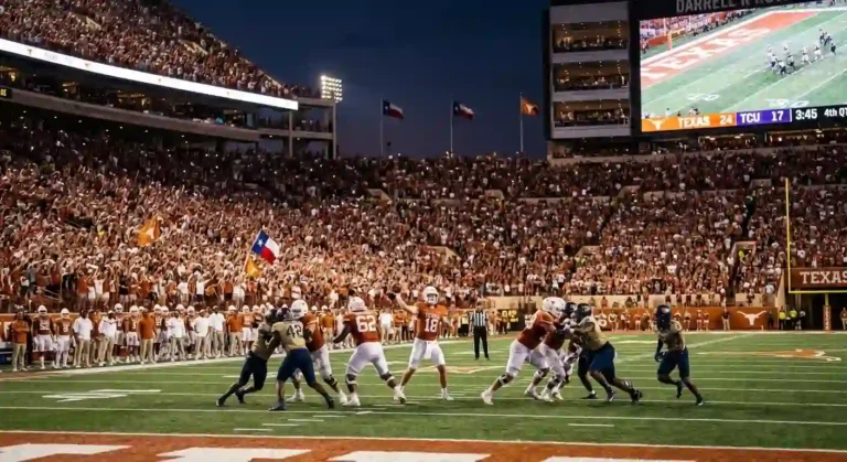 Texas college football game action scene with quarterback passing under bright stadium lights packed with fans.