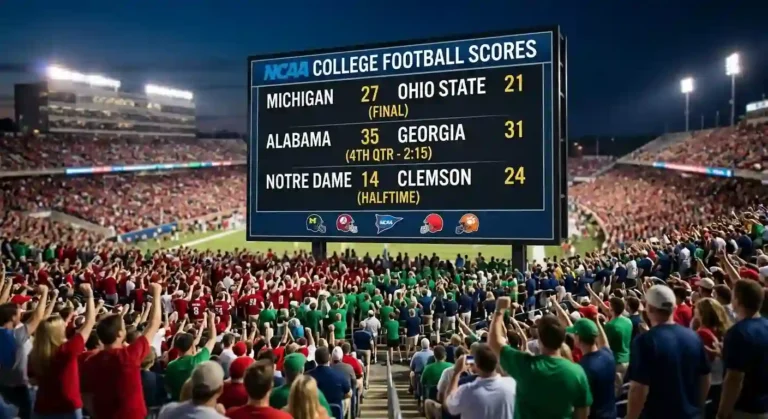 Large stadium scoreboard displaying live NCAA college football scores with a cheering crowd